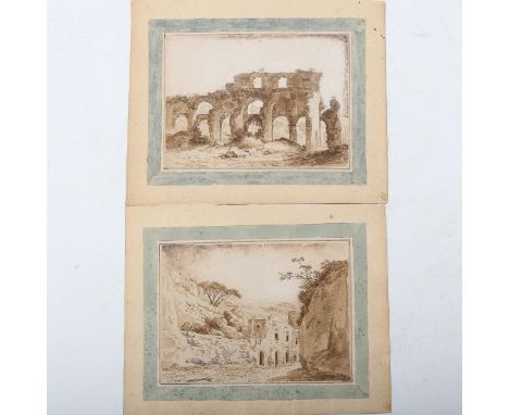 18th century Italian School, 2 sepia watercolours on wove paper, ruined building, unsigned, 15cm x 20cm, unframedBoth have pa