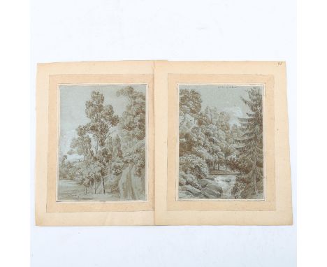 18th century Italian School, 2 sepia watercolours on laid and watermarked blue paper, trees in landscape, unsigned, image 20c