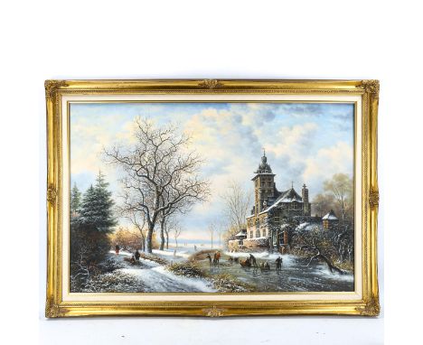Contemporary oil on canvas, Continental winter river scene, signed R Heimann, 60cm x 90cm, framedVery good condition 
