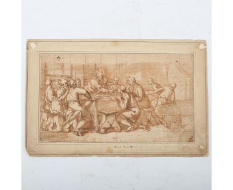 Carlo Maratti (1925 - 1713), sepia watercolour, sketch on paper, the last supper, 17cm x 30cm, unframedTorn section in bottom