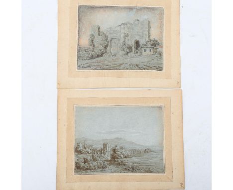18th century Italian School, 2 sepia watercolours on laid and watermarked blue paper, ruins in extensive landscapes, 15cm x 2