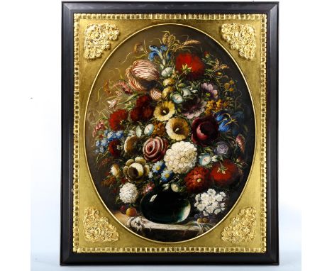 Early 20th century oval oil on canvas, Dutch style flower study, unsigned, 85cm x 65cm, framed1 small patch repair not visibl