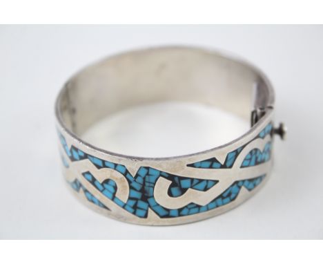 Taxco Mexico Sterling Silver Bangle w/ Reconstituted Turquoise Inlay 62g