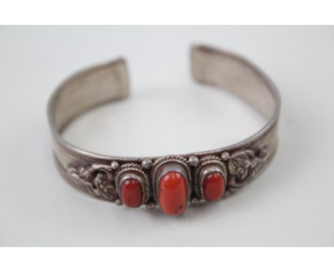 Vintage Oriental Silver Cuff Bangle inc. Coral, Dragon Design 31g