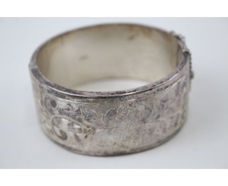Vintage Sterling Silver Bangle w/ Etched Floral Design, Safety Chain 49g