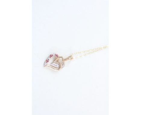 9ct gold ruby &amp; diamond heart shape pendant necklace (1.2g)