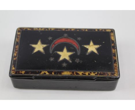 19th Century Papier Mache Desk Top Snuff Box w/ Egyptian Flag &amp; Abalone Border