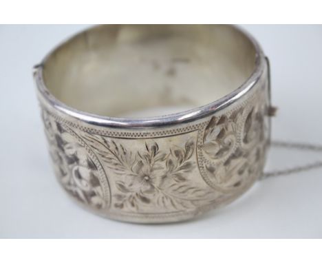 Vintage Sterling Silver Bangle inc. Etched Floral Design, Safety Chain 56g