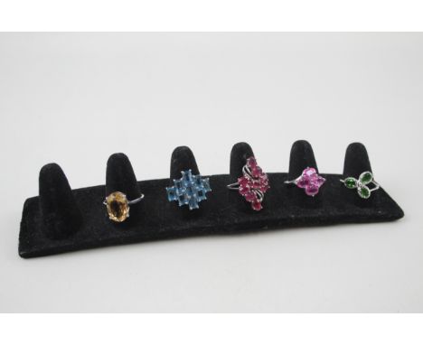 Collection of Sterling Silver Gemstone Rings inc. Diopside, Topaz, Ruby x 5 12g
