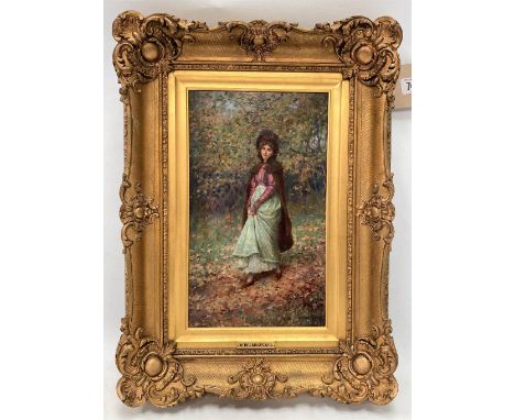 WILLIAM A. BREAKSPEARE (1855-1914) A walk in the woods at autumn Oil on panel Signed 32 x 19cm 
