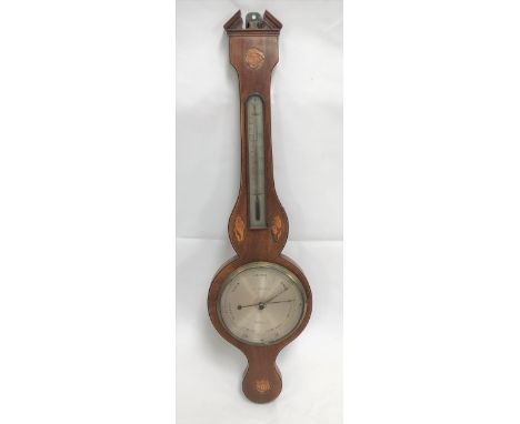 A mahogany marquetry inlaid aneroid banjo barometer thermometer, the silvered dial signed J. Augustus, Falmouth, height 98cm