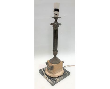 A Corinthian column cast metal table lamp with alabaster and grey and white veined marble base, height 41cm