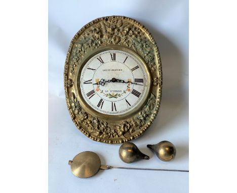 A French comtoise wall clock, the 9in enamel dial signed Louis Jaquine St Etienne with foliate embossed brass surround, heigh