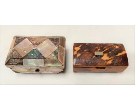 Mother of pearl and abalone shell rectangular hinge lidded trinket box (hinge lid af); together with a tortoiseshell mounted 