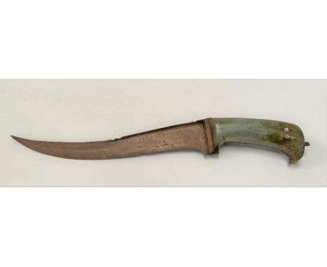 A good Indian jade hilted khanjar dagger with curved T-section blade, the handle with inset mother of pearl dots, length over