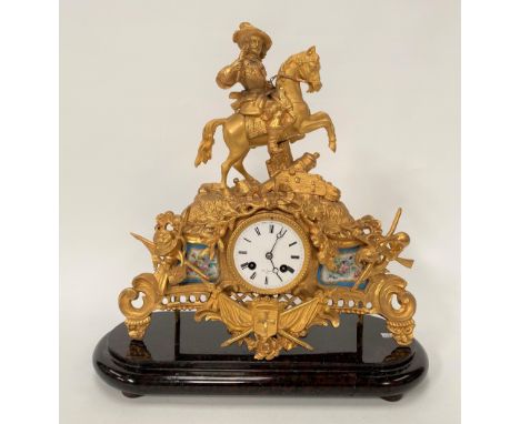 A gilt spelter two train mantel clock with porcelain panels, the 3.25in white enamel dial with black Roman Numerals signed HR