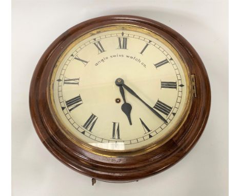A single train dial clock with 11in painted dial signed Anglo Swiss Watch Co and with black Roman Numerals, diameter overall 