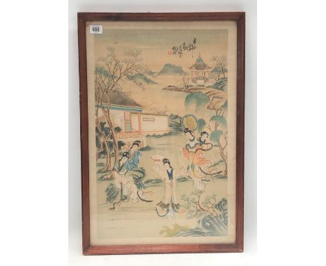 A Chinese silk painted panel depicting five females in a garden, calligraphy and red circular seal mark, 59 x 38.5cm.