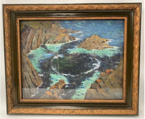 PHILIP MAURICE HILL (1892-1952) Rocky Cornish coastal scene Oil on board Signed 37cm x 47cm the back with a landscape sketch