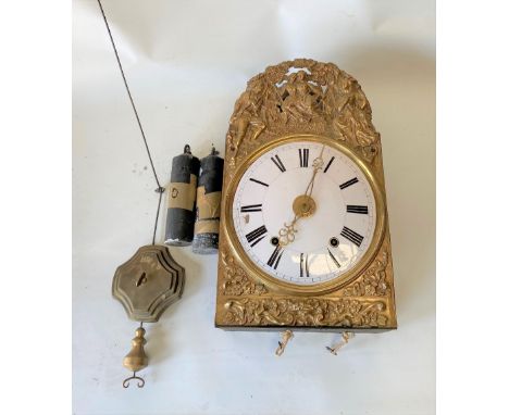 A French comtoise clock, the 9in enamel painted dial with black Roman numerals and within embossed brass surround, height 201
