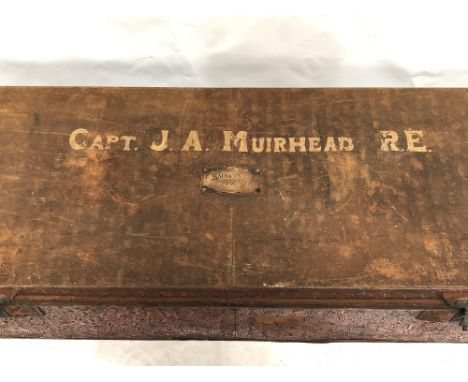 A 19th Century officer's tin trunk with brass tablet inscribed F.WADLEY.ESQ also painted to the lid with CAPT.J.A.MUIRHEAD R.