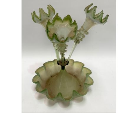 A Victorian green Vaseline glass three branch epergne, height 37cm. 