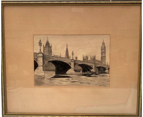 STAN C. HUNT Westminster Bridge Ink and wash Signed 20cm x 30cm; together with a surreal ink sketch by Philip Groom dated '84