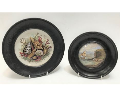 19th Century pot lid 'The Chin Chew River' and within ebonised turned frame, diameter overall 17cm; together with a Prattware