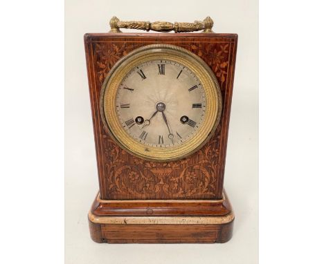 A French marquetry inlaid rosewood mantel clock, the 2.75in textured silver dial with black Roman Numerals, the French moveme