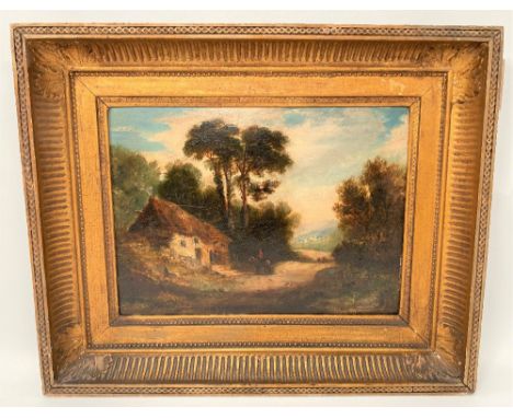 19TH CENTURY BRITISH SCHOOL Figure on horseback on a country lane before a thatched cottage, Oil on board' Army &amp; Navy De