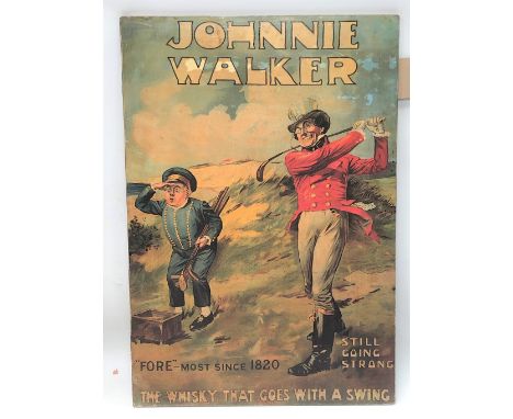 A mounted advertising sign for Johnnie Walker, depicting a golfer and caddy 'Fore-Most since 1820 Still Going Strong', 60.5 x