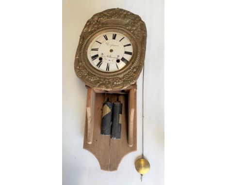 An eight day comtoise wall clock, the 9in enamel dial signed Louis Jacquin St. Etienne, with brass foliate embossed surround,