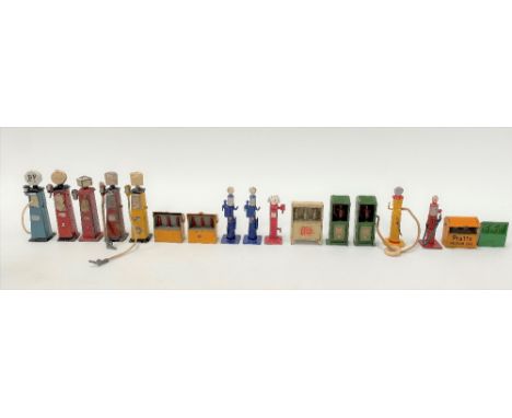 Quantity of diecast petrol pumps for BP, Shell and others, to include Lesney and Dinky; together with bus stop signs, oil cab