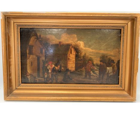 18TH CENTURY DUTCH SCHOOL Men playing bowles outside a tavern, Oil on panel, 30cm x 52cm