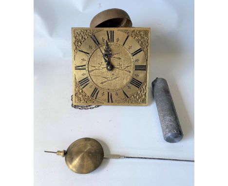 A 30 hour brass 10in long case clock movement, the dial signed Frans Pile, Honiton, height 203cm.