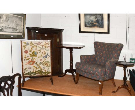 An Upholstered Nursing Chair, A Tilt-Top Tripod Table, Wine Table, Firescreen, A George III Corner Cupboard and Two Prints (7