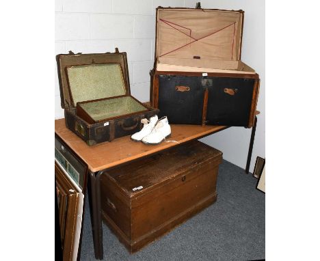 A Pine Blanket Box, A Domed Linen/Steamer Trunk and Two Cases