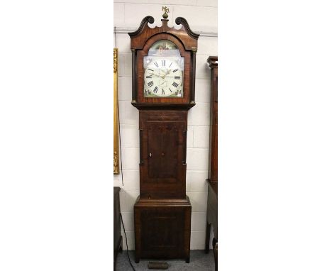 An Oak and Mahogany Thirty Hour Longcase Clock, 19th century, 14" arch painted dial, signed R. Morland, Kirkby Malzeard, move