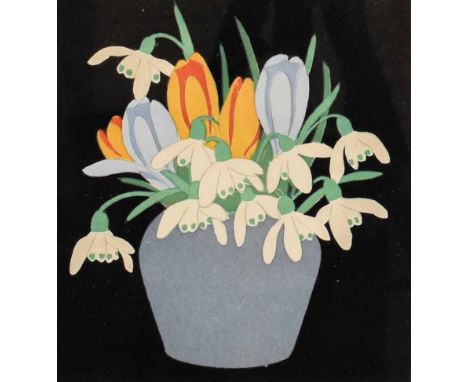 John Hall Thorpe (1874-1947)Crocus and Snow Drops in a Blue glazed vaseSigned in pencil, woodblock print, 16cm by 15cmSight t