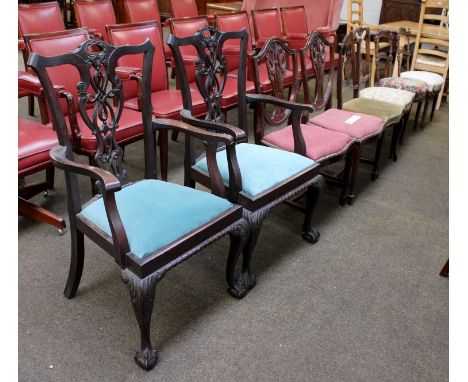 A Pair of George III Chippendale Style Open Armchairs, Two 19th Century Mahogany Shield Back Dining Chairs, Two Edwardian Inl