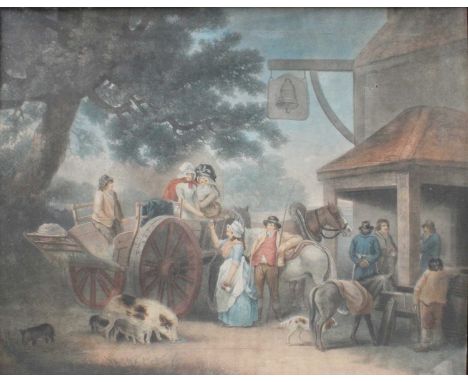 J R Smith after G Morland "Feeding the Pigs"  "Return from Market"Coloured engravings in verre eglomise frames, 43cm by 54cm 