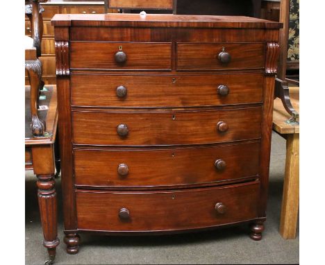 A Victorian Mahogany Scotch Chest, bowfronted with two short over four long graduated drawers, 120cm by 54cm by 136cm