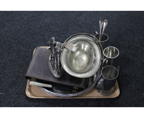 A tray of assorted plated wares, pewter decanter, pair of gun dog figures and a pair of metal game birds 