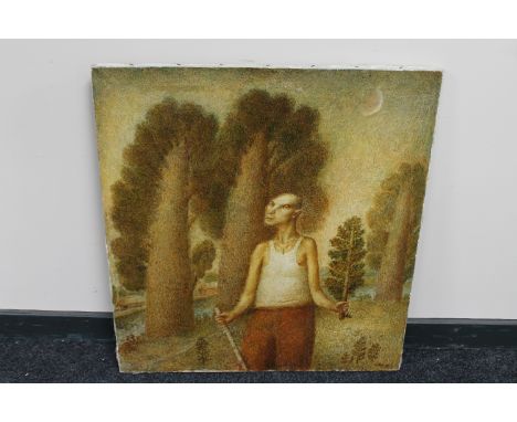 A naive unframed Russian oil painting on canvas, figure in wooded landscape, signed K. Tkay and dated '86 