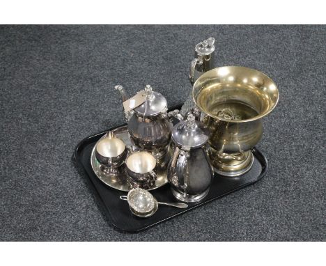 A tray of assorted plated wares to include four piece tea service, card tray, ice bucket, together with a cut glass and plate