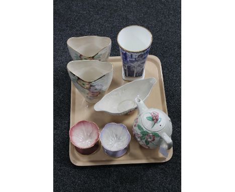 A tray containing pair of Maling vases, Maling shaped dish and teapot, two Maling sundae dishes and a Ringtons Landmarks vase