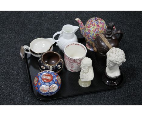 A tray of Royal Winton chintz teapot, Caughley mask head jug by Coalport, Crown Devon Yorkshireman's Advice tankard,  Imari s