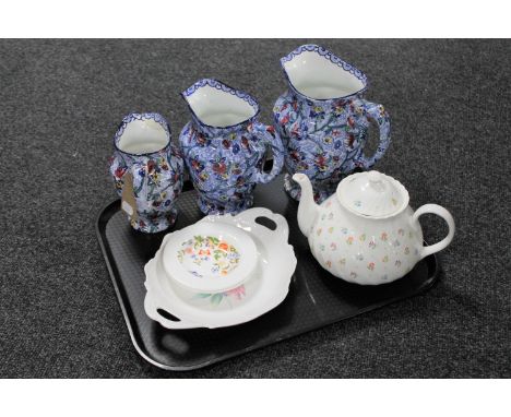 A tray of three graduated Ringtons water jugs, Wedgwood Cascade china teapot and three Aynsley dishes 