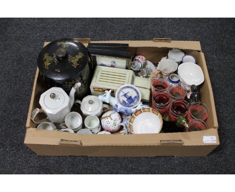 A box and a basket of china, glass ware, famille rose bowl, Ducal planter etc 