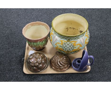 A tray of antique pottery Burmantofts Faience pattern 2096 planter, together with a further china planter, candle holder and 